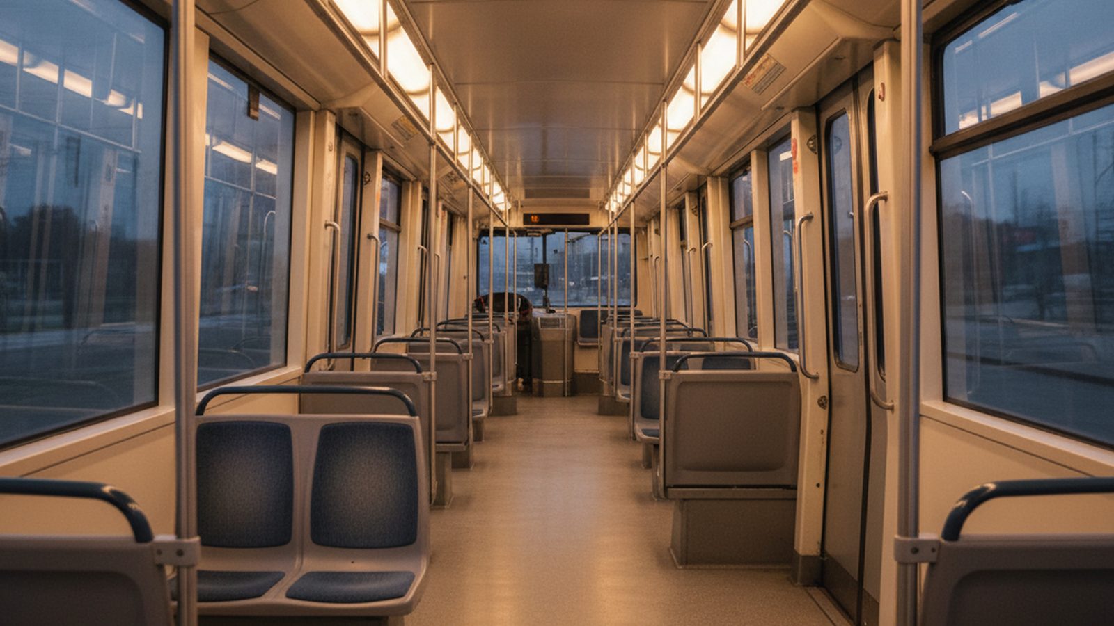 View from the end of the aisle inside an empty, well-maintained public transport carriage.