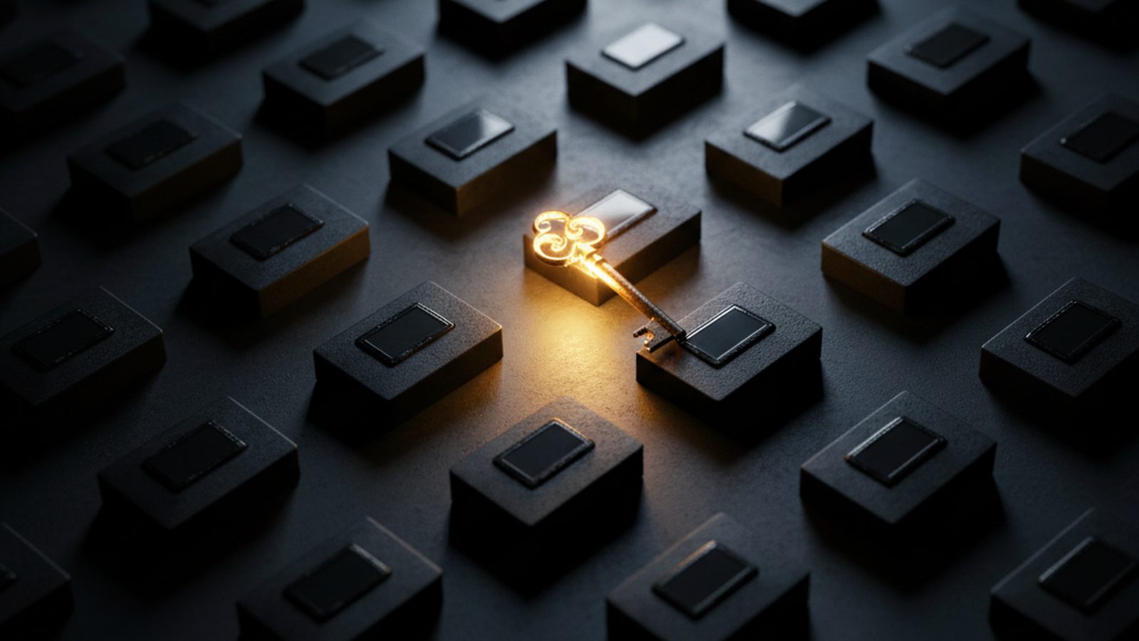 A conceptual image showing a single glowing key unlocking a vast grid of different digital padlocks, representing password reuse.