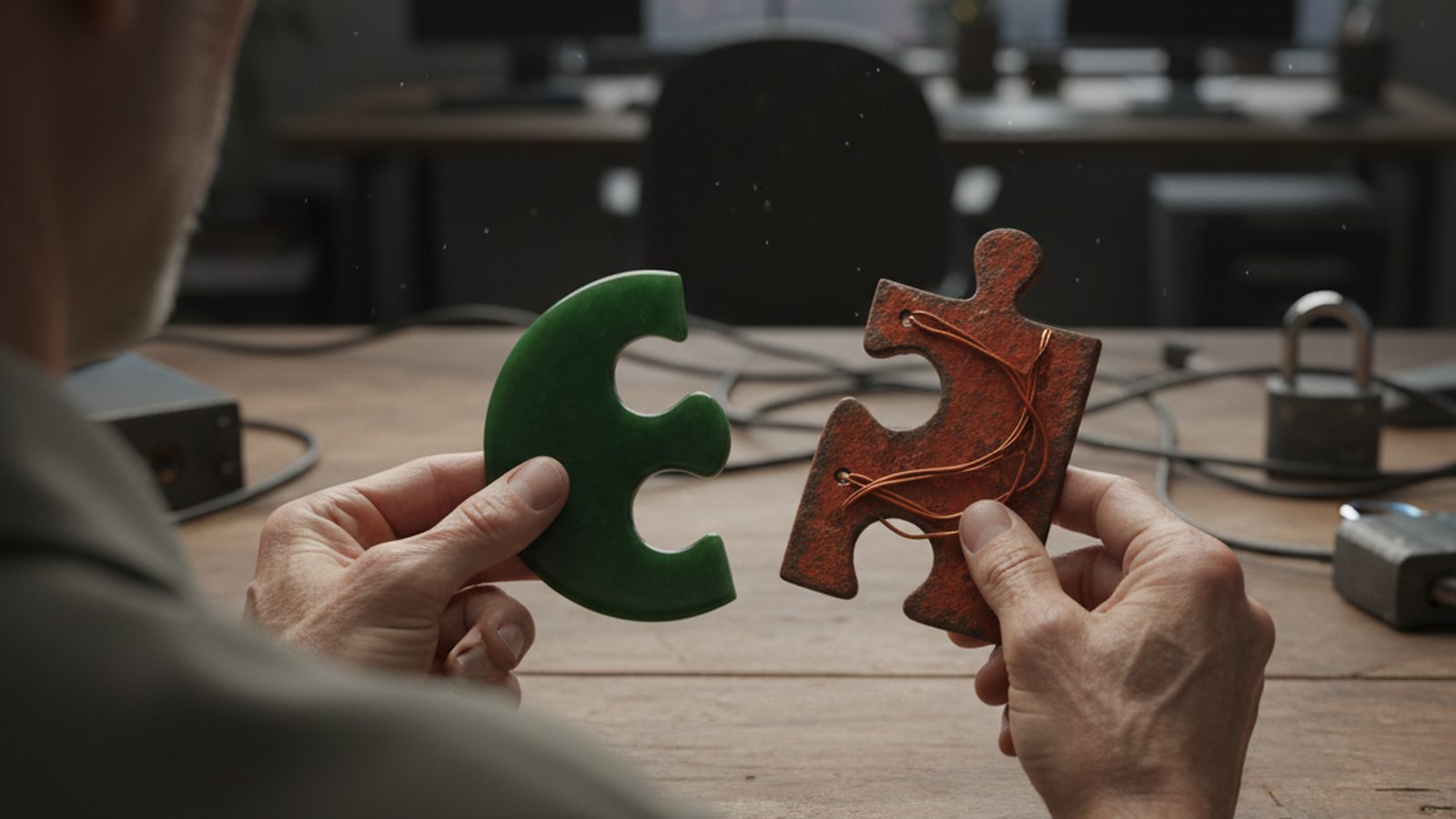 Two hands struggle to connect two irregularly shaped, mismatched puzzle pieces.