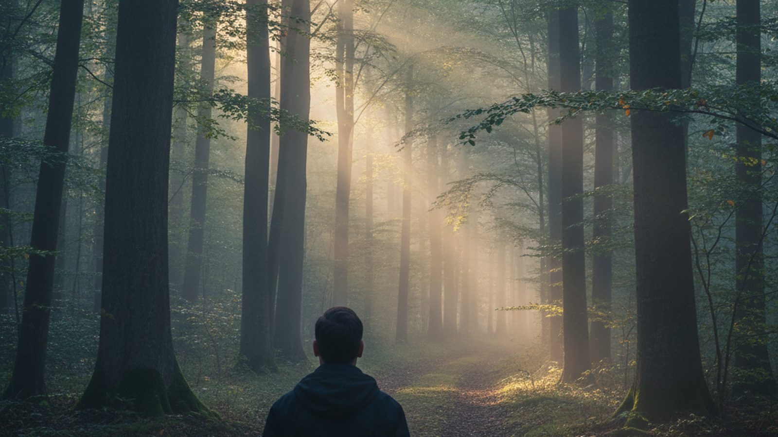 A serene forest path at dawn, with gentle mist rising among the trees, creating a peaceful scene.