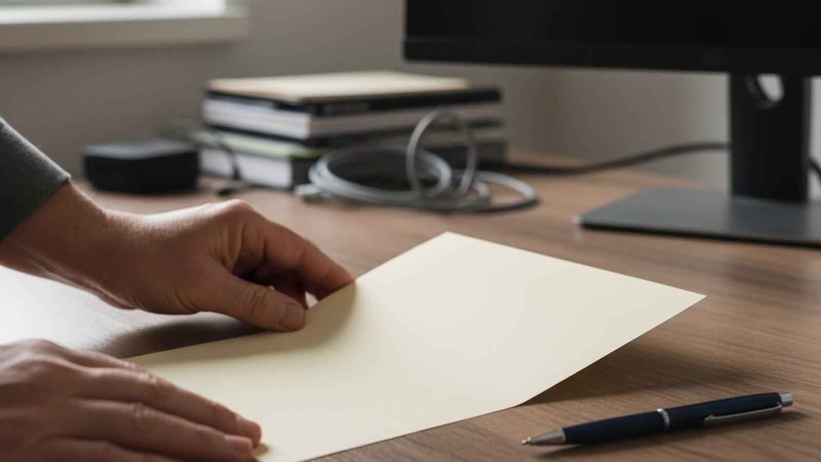 Hands subtly push a plain, unmarked invoice-like paper across a desk towards a pen, under soft light.