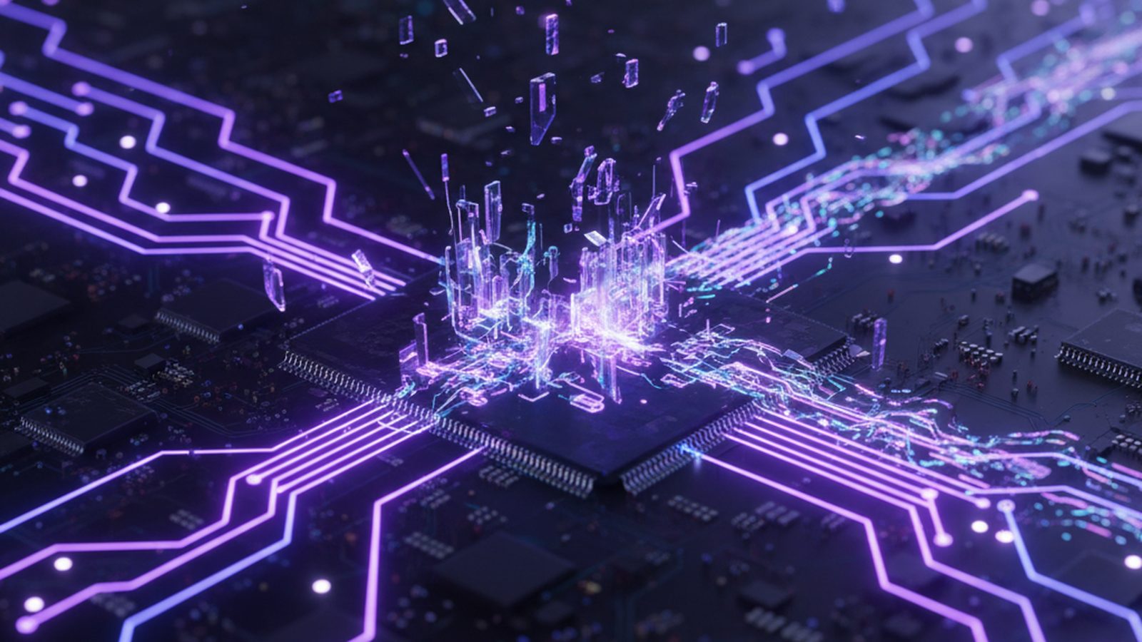 Stylized AI interface rebuilding shattered digital code fragments, representing AI's role in malware reconstruction.
