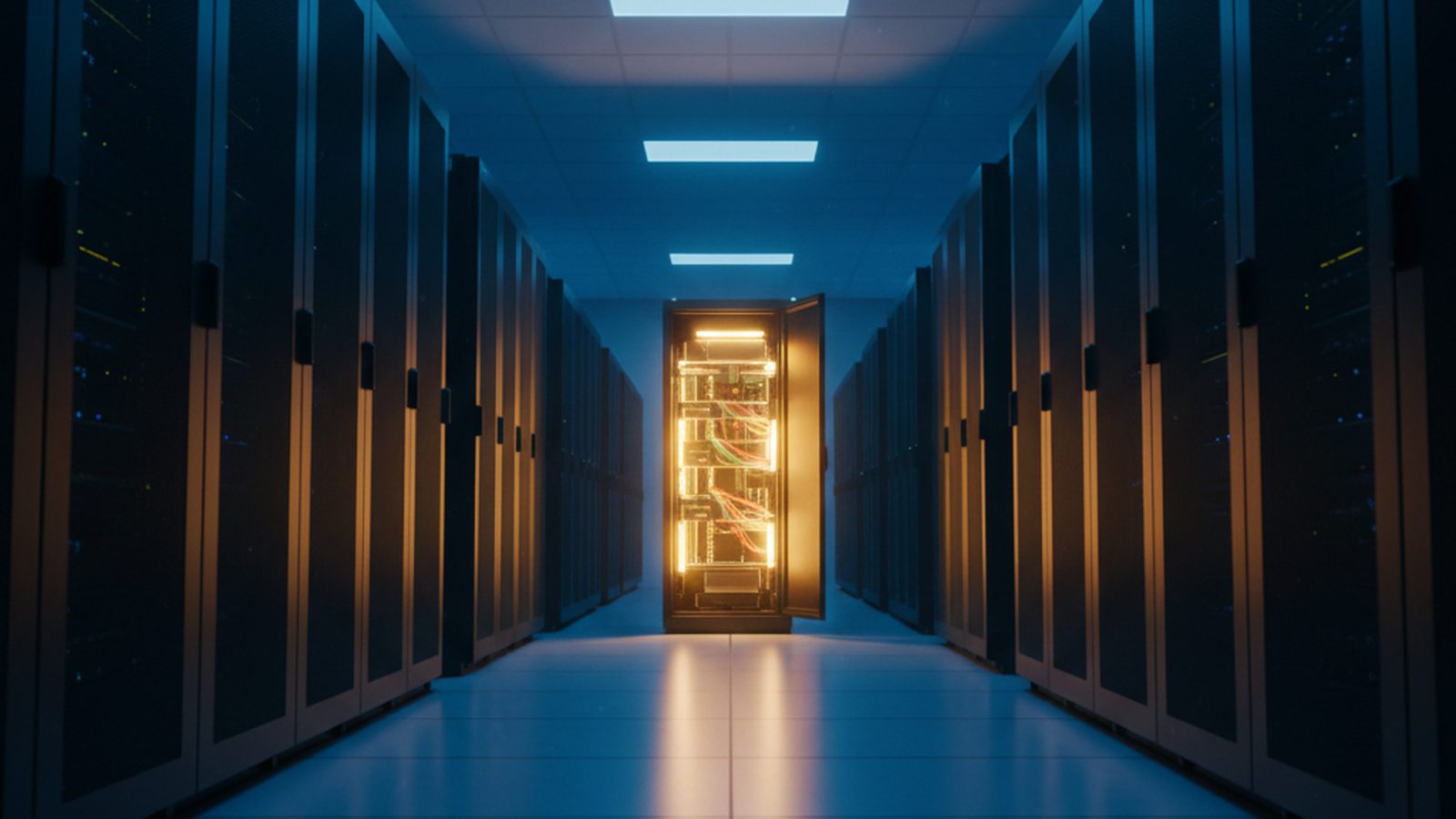 A single server rack in a modern, dark data center is brightly illuminated, highlighting it as a critical asset among rows of other servers.