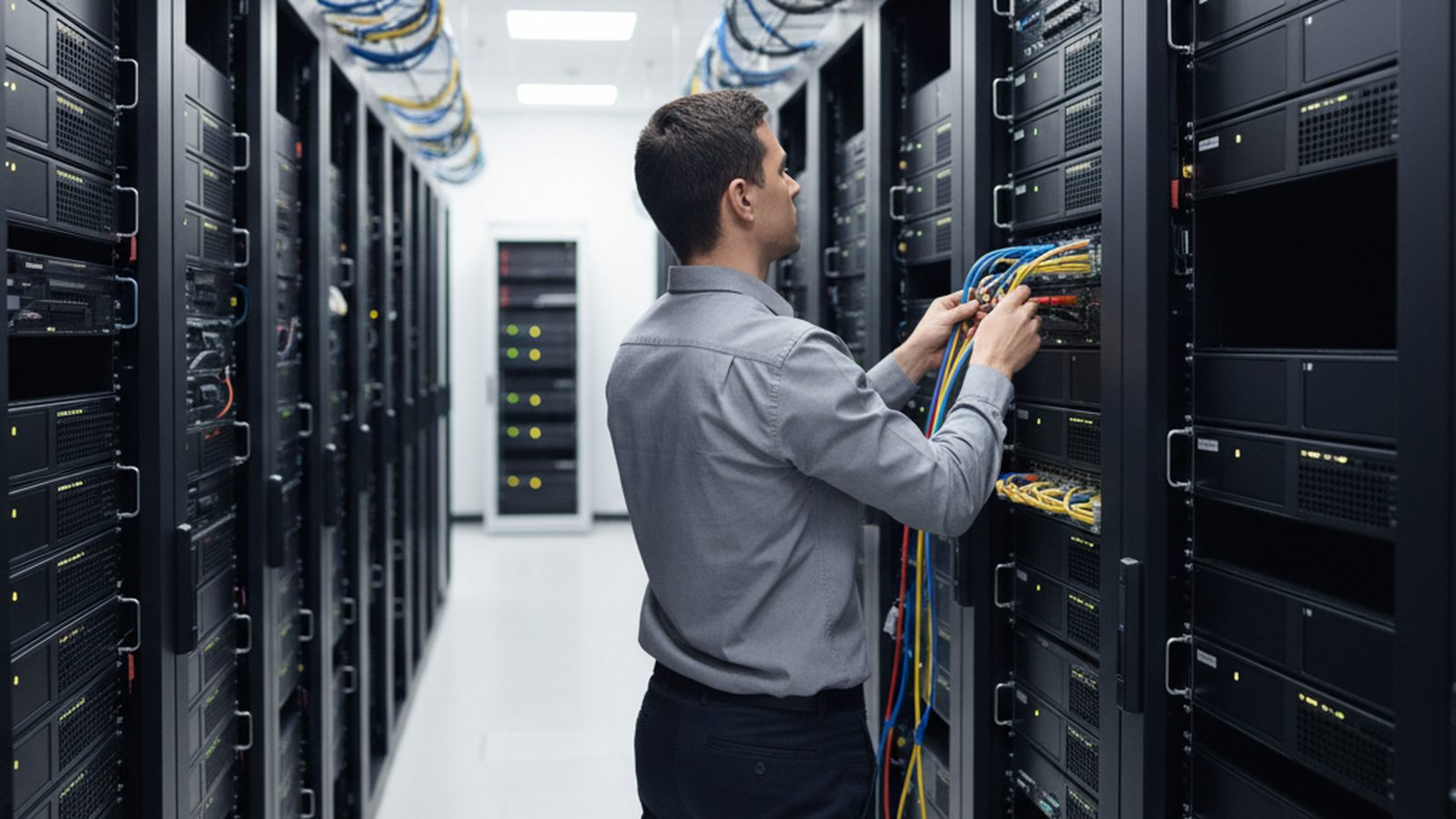 A network administrator carefully inspects a server rack in a modern, well-lit data center, symbolizing a systematic approach to IT security.