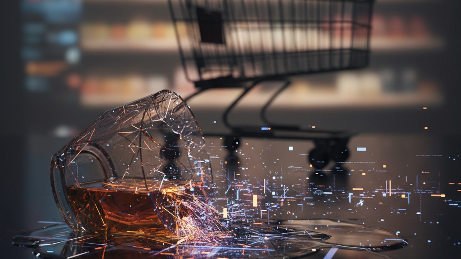 Digital whiskey spilling with data fragments, a blurred shopping cart in background, symbolizing an e-commerce breach.