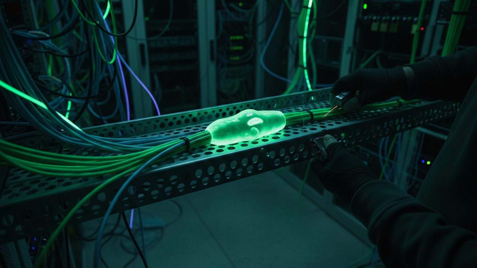 Subtle, mantis-like digital implant clinging to a glowing fiber optic cable, symbolizing telecoms espionage.