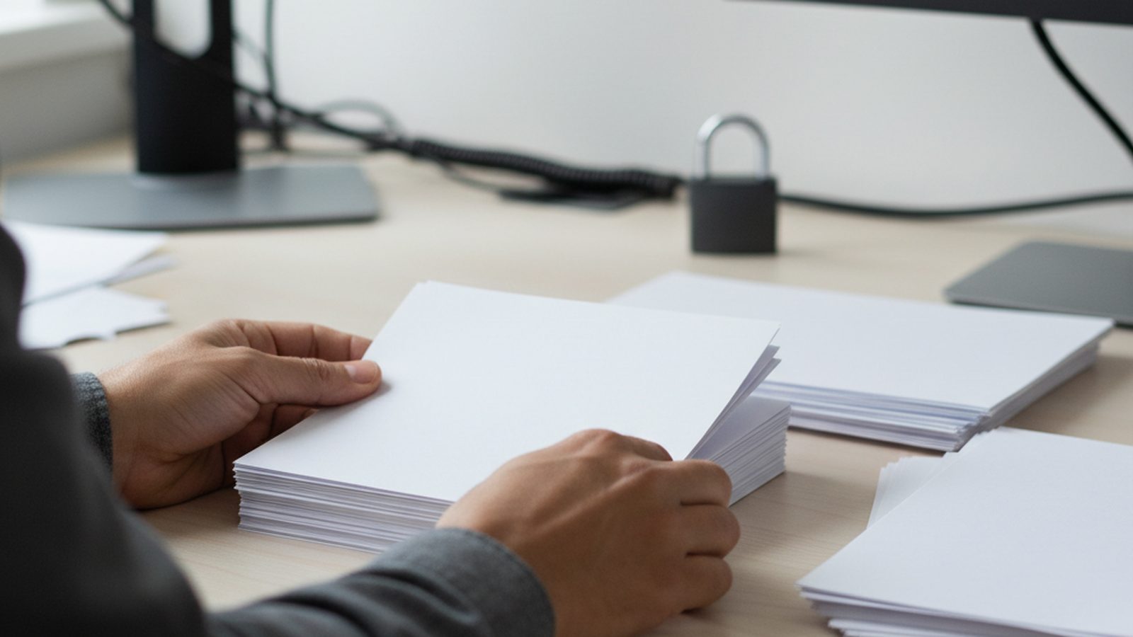 Hands carefully organizing scattered, blank pieces of paper into a neat stack on a clean desk.