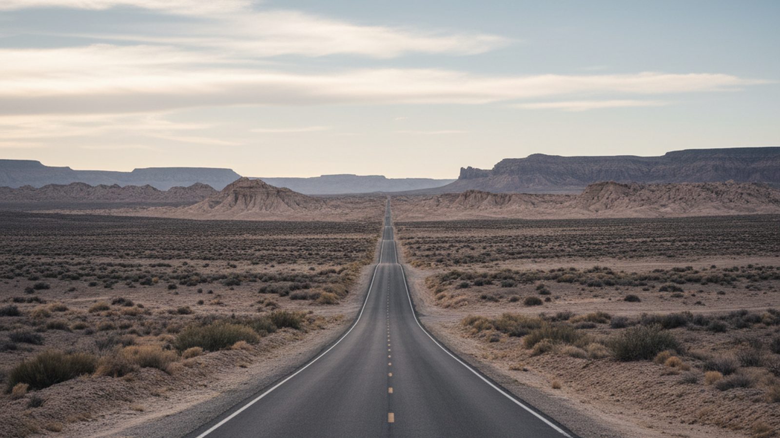 A long, empty road winds through a desolate landscape, stretching far into the distance.