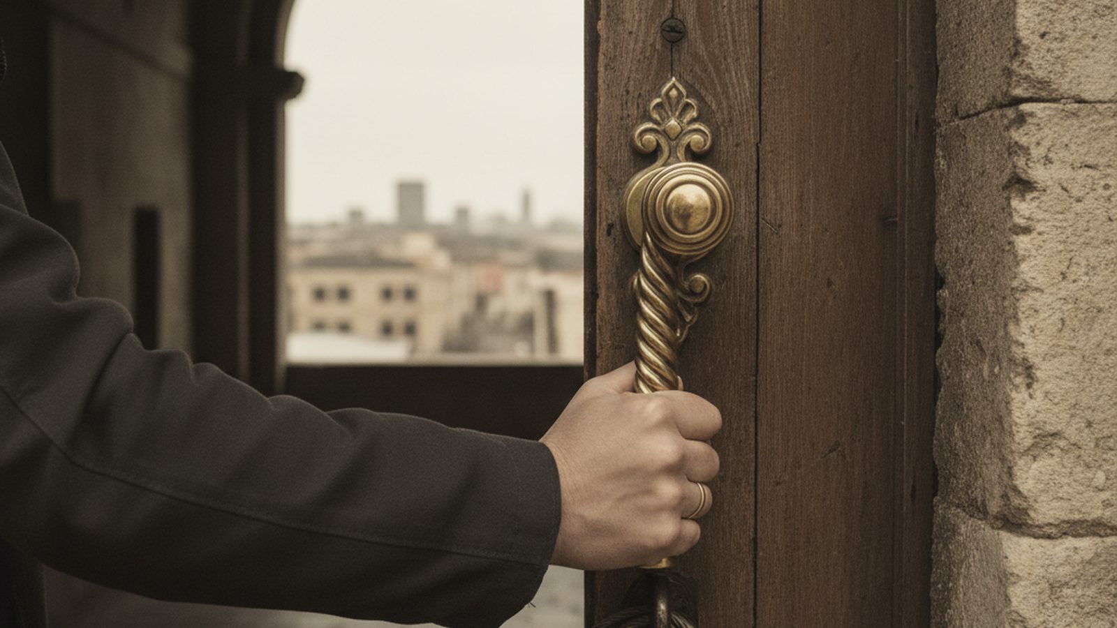 A hand firmly grips a single, ornate door handle, poised to open a passage.