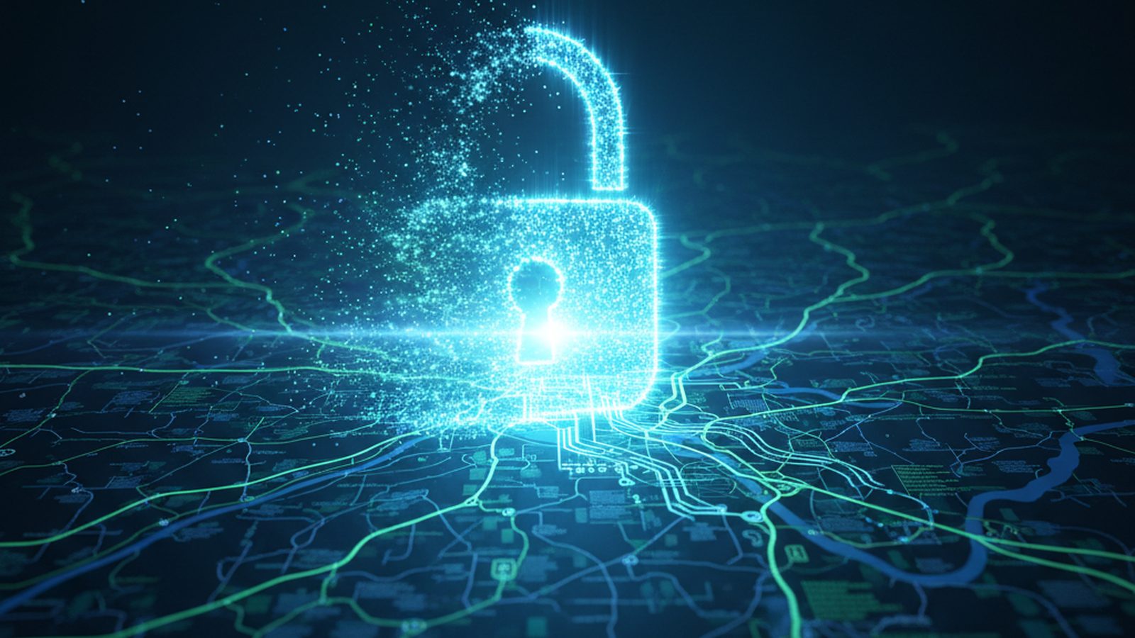 Digital lock dissolving to reveal a clear county map, symbolizing recovery from a ransomware attack.