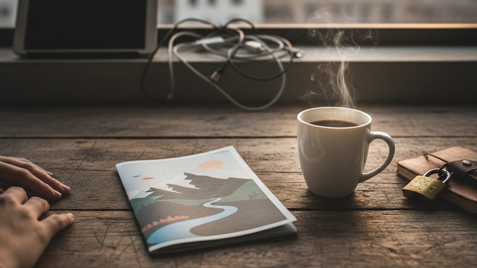 A folded travel brochure and a steaming cup on a worn wooden table, suggesting past trips and data.
