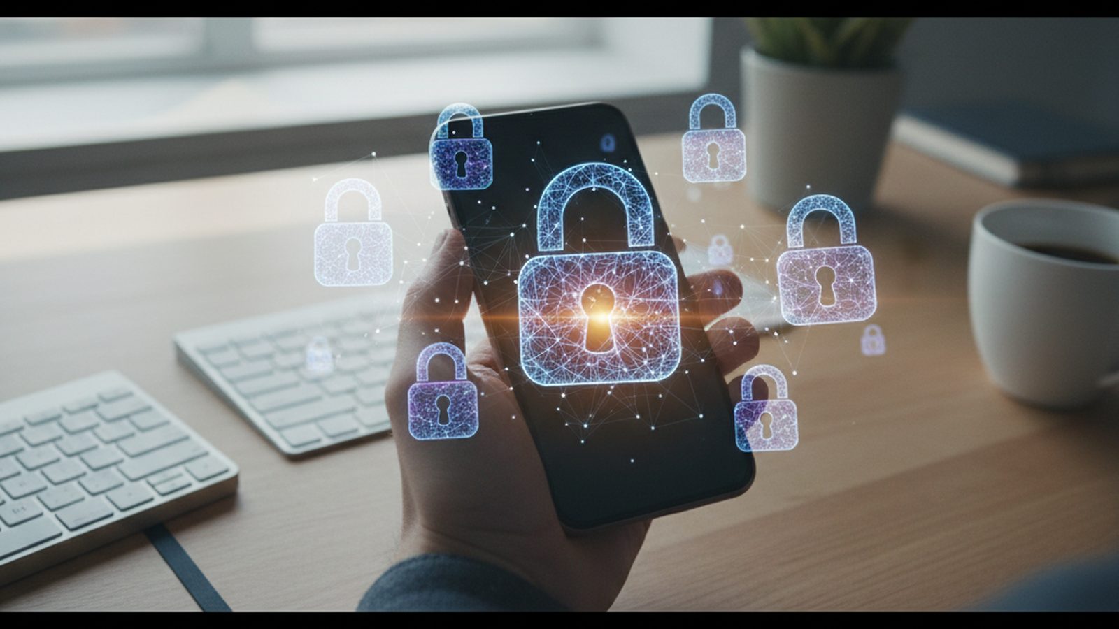 An overhead shot of a person using a smartphone, with digital padlocks floating above the screen, symbolizing social media privacy and security.