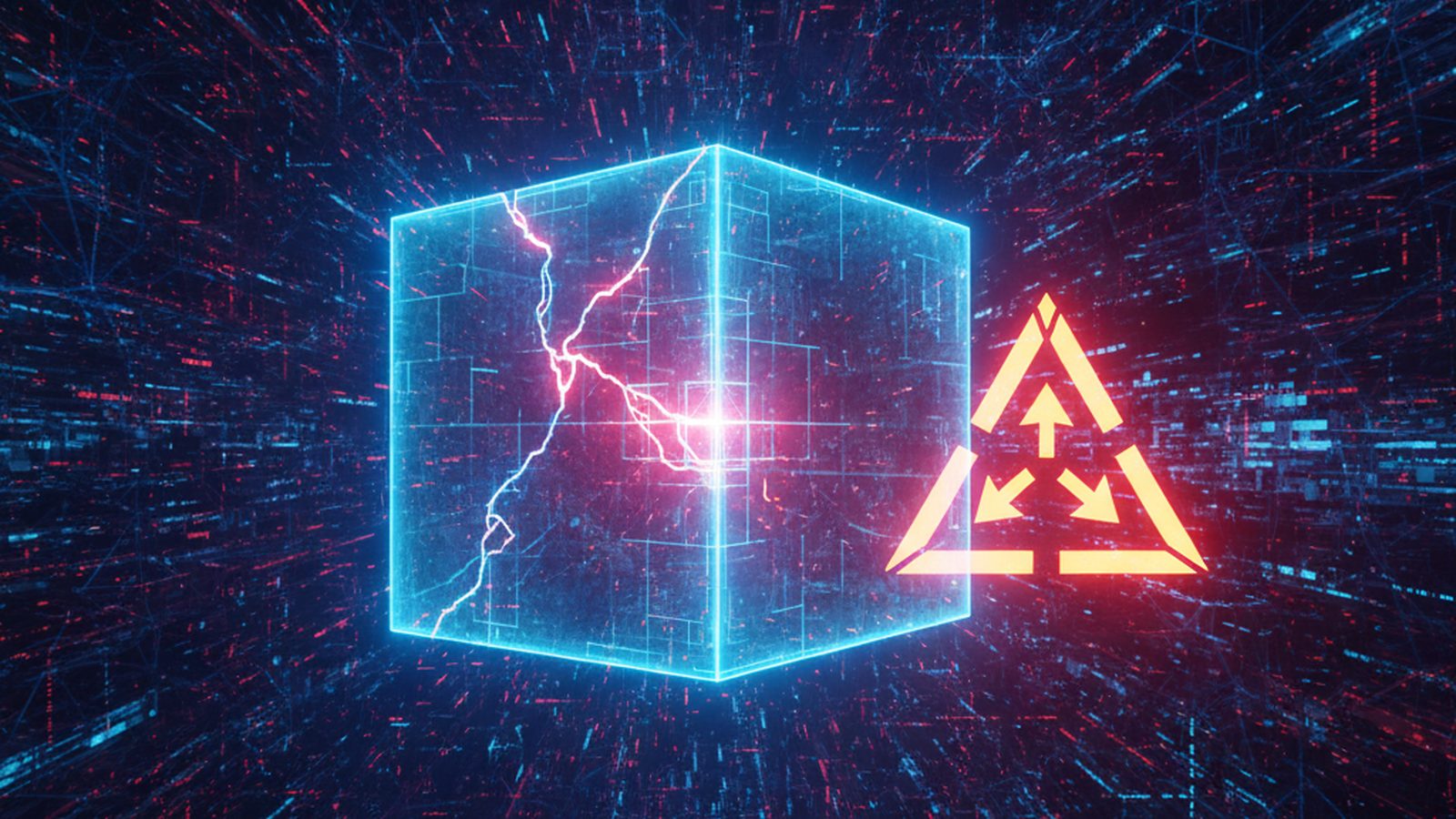 Glowing 'MCP' cube with a crack and a CISA warning triangle, depicting an AI agent flaw on the KEV list.