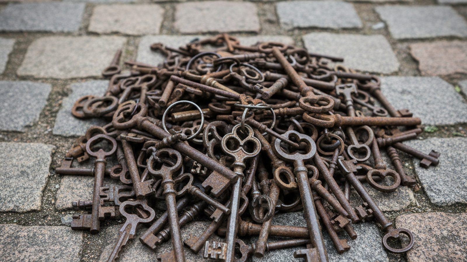 A jumble of old, varied keys lays scattered on a rough stone surface, suggesting disuse.
