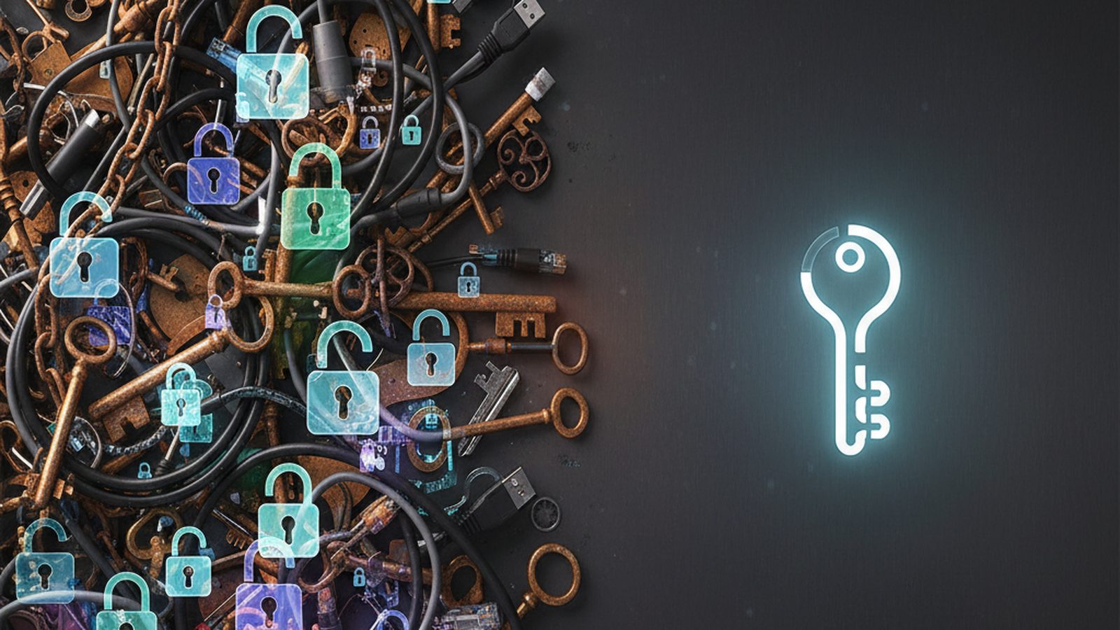 Tangled physical keys vs. a sleek, glowing digital key, illustrating the need for a password manager.