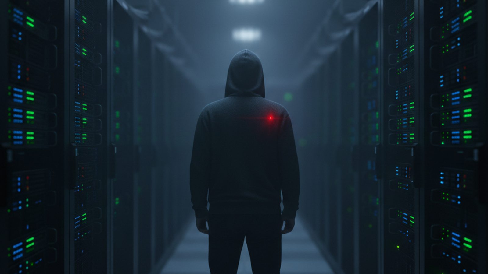 A shadowy, hooded figure is seen from behind, looking at a wall of distorted, glowing server racks in a dark data center, symbolizing a network under siege.