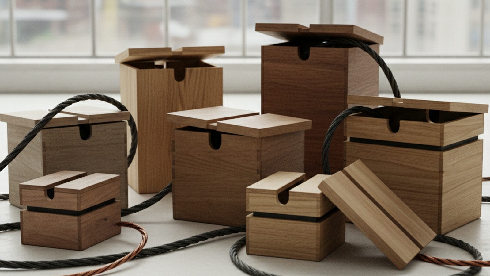 Close-up of several wooden boxes, each slightly open, revealing obscured interiors, on a clean surface.