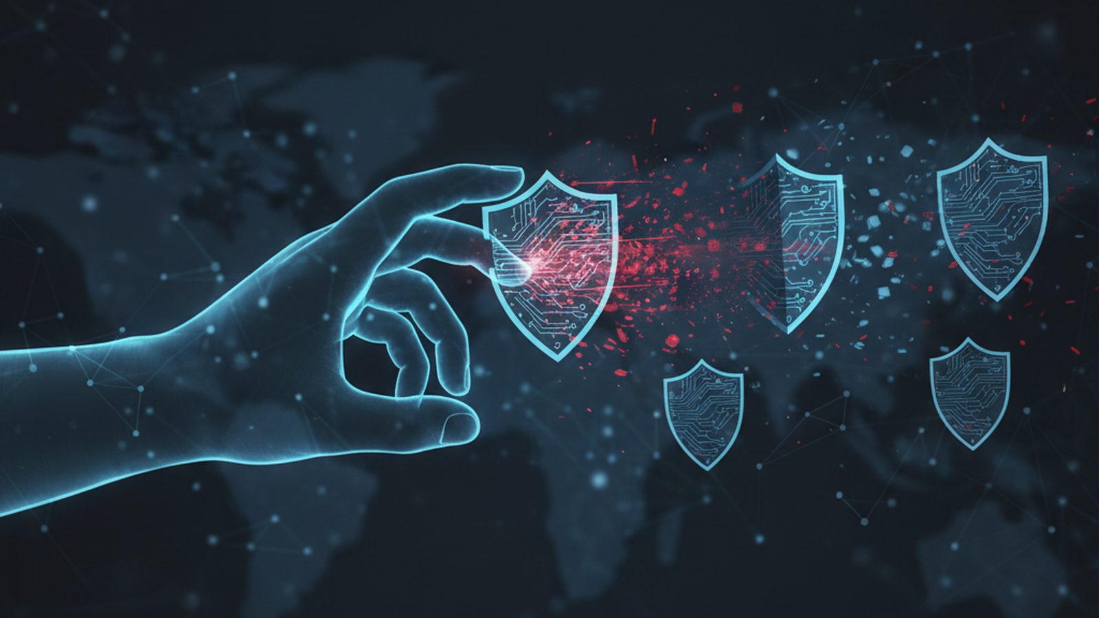 Digital 'stealer' hand disabling security shield icons, symbolizing an infostealer evading defenses.
