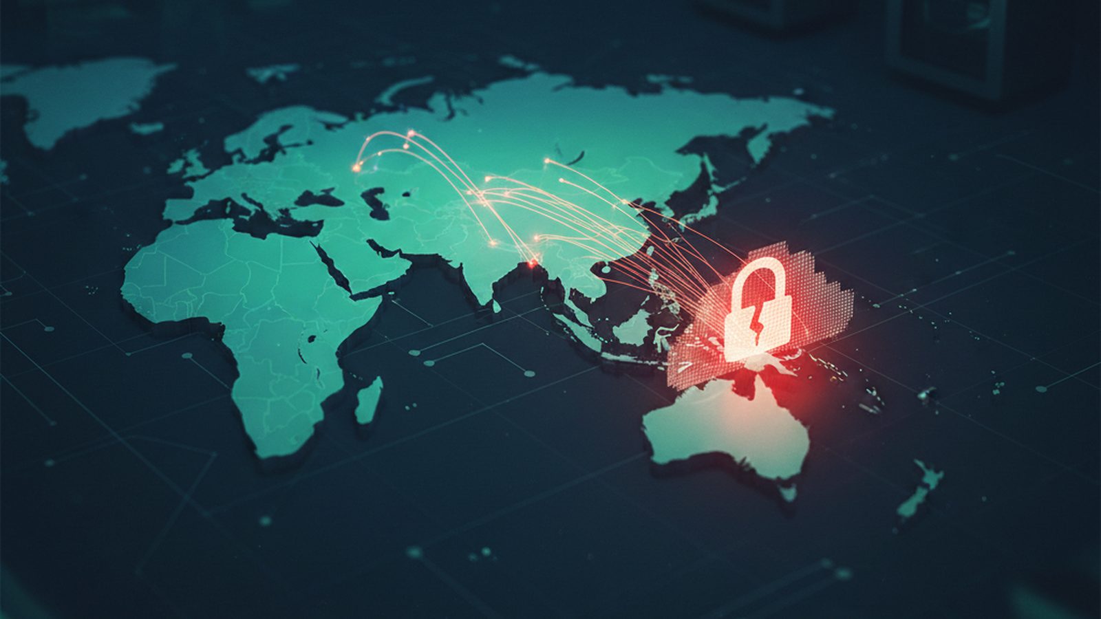 Stylized map of Asia with data trails leading into a hidden 'backdoor' icon, depicting targeted government hacking.