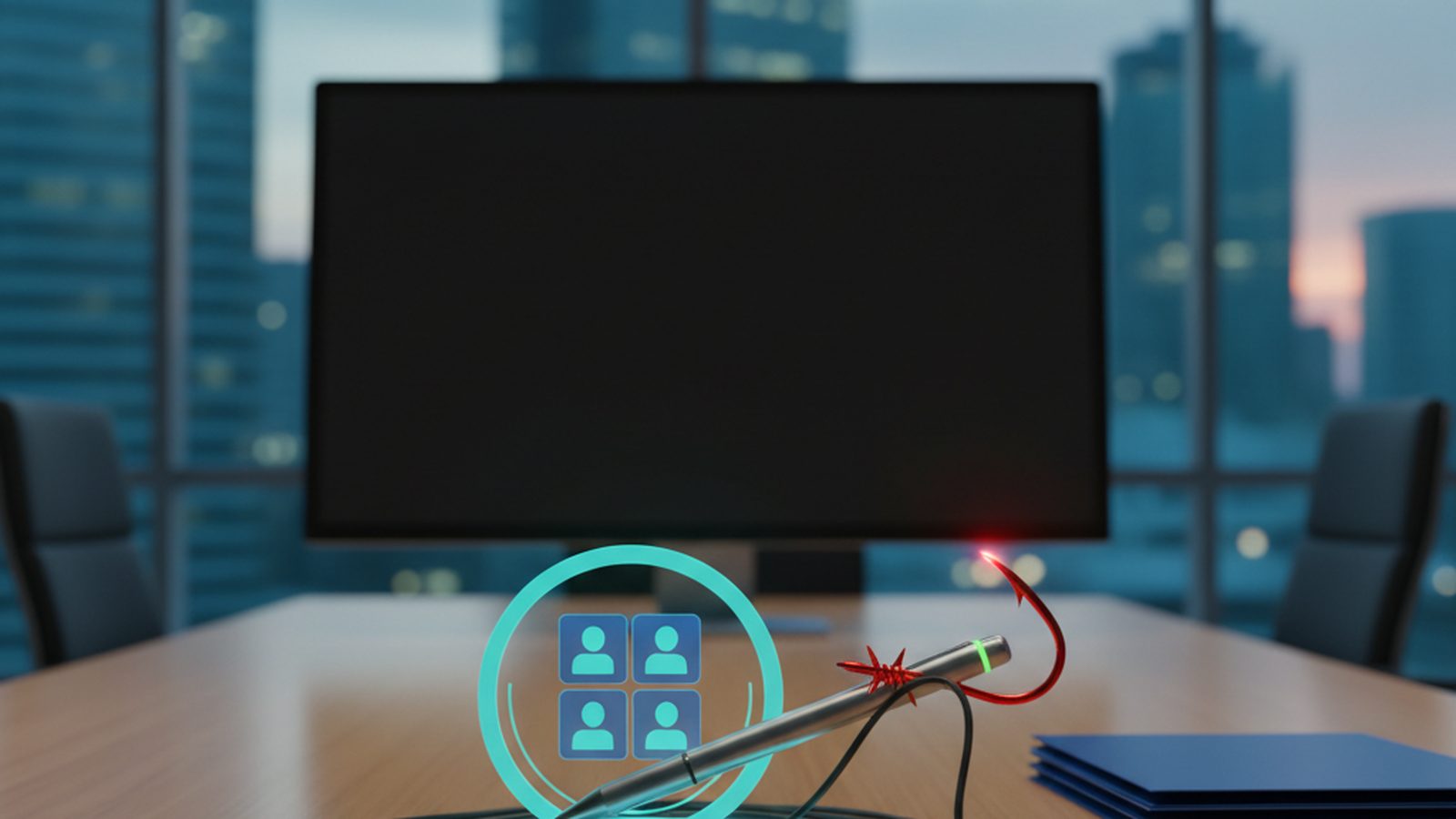 Phishing hook disguised as a Zoom call icon, with a Docusign pen transforming into a lure, depicting a campaign.