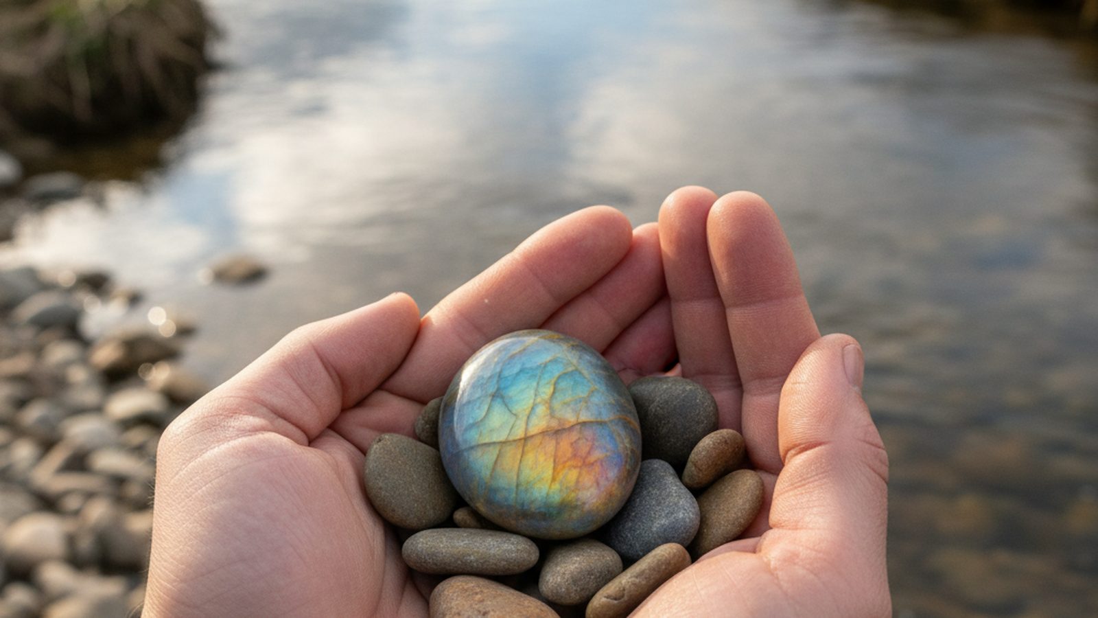 A hand holds a small, smooth, colorful pebble, catching gentle light on its surface.