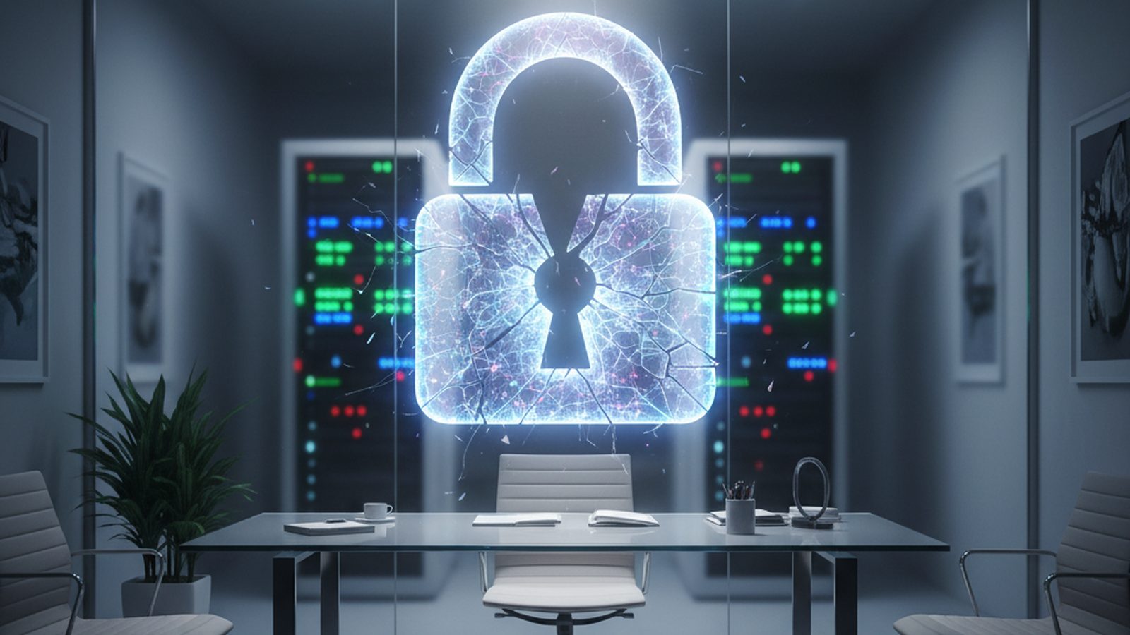 A close-up of a gavel resting on a thick, official-looking document, with a glowing digital padlock icon superimposed over the scene.