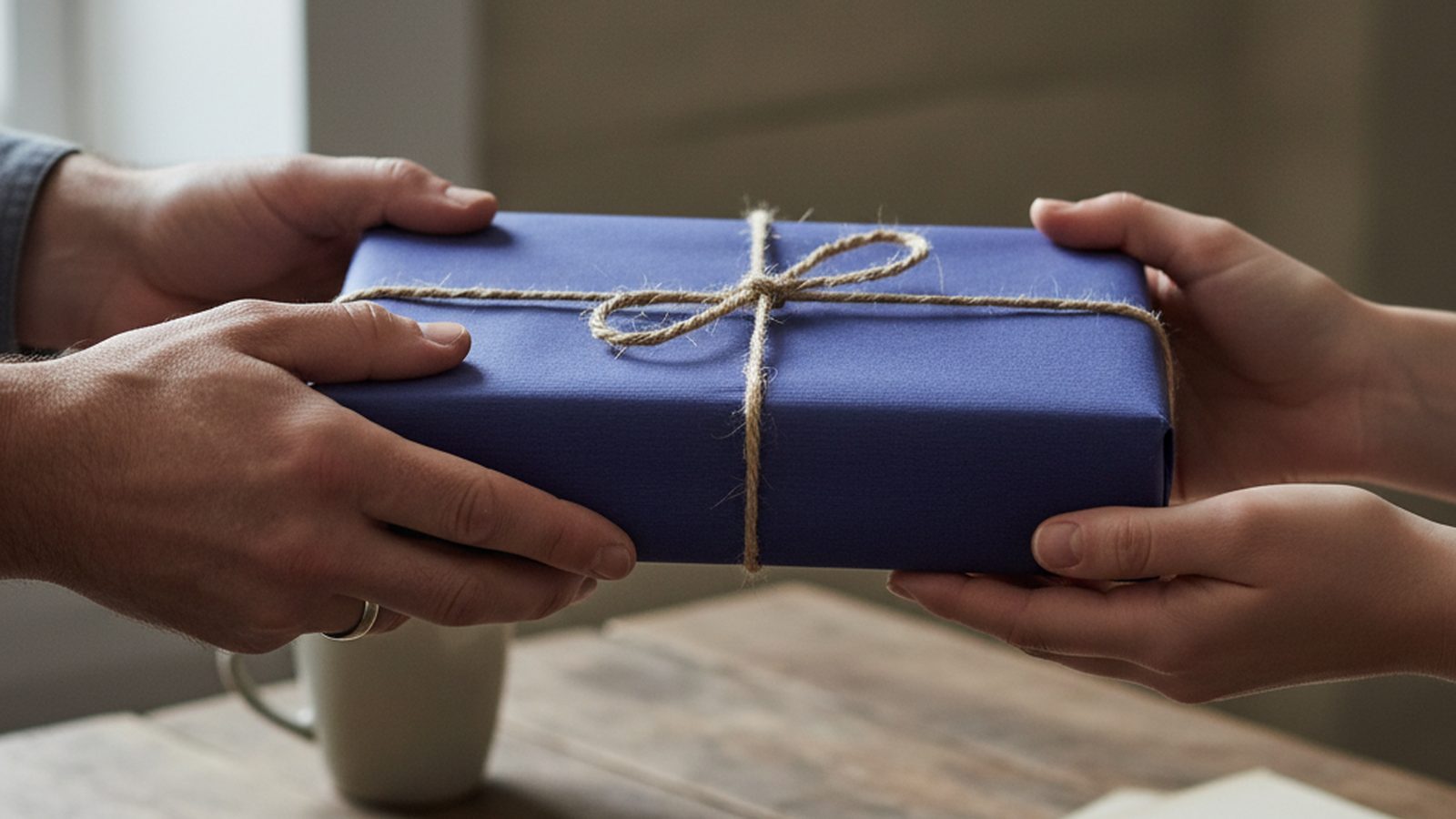 One hand offers a wrapped, unlabeled gift to another hand in a calm, neutral exchange.