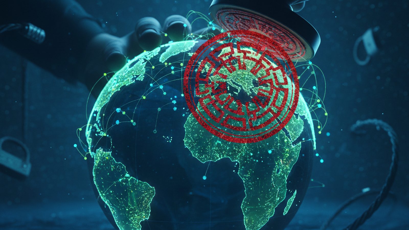 Stylized globe with glowing location data points and a massive 'FINE' stamp, representing a privacy penalty.